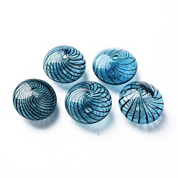 Transparent Handmade Blown Glass Globe Beads, Stripe Pattern, Flat Round, Steel Blue, 11~13x19~20mm, Hole: 1~2mm(X-GLAA-T012-46)