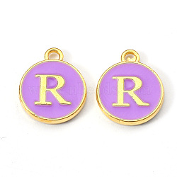 Golden Plated Alloy Enamel Charms, Enamelled Sequins, Flat Round with Letter, Medium Purple, Letter.R, 14x12x2mm, Hole: 1.5mm(X-ENAM-S118-10R)