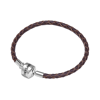 TINYSAND Rhodium Plated 925 Sterling Silver Braided Leather Bracelet Making, with Platinum Plated European Clasp, Brown, 190mm