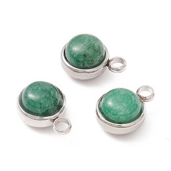 Natural Green Aventurine Charms, with 304 Stainless Steel Findings, Half Round, Stainless Steel Color, 13.5x10x7.5mm, Hole: 2.5mm