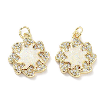 Brass Micro Pave Clear Cubic Zirconia Pendants, with Synthetic Opal and Jump Rings, Real 18K Gold Plated, Flower Charms, White, 19.5x16.5x3mm, Hole: 3mm