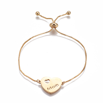 Mother's Day Gifts, 201 Stainless Steel Slider Bracelets, Box Chains, Heart with Word Mom, Golden, 9-5/8 inch~9-7/8 inch(24.5~25cm), Links: 15.5x22x1.5mm