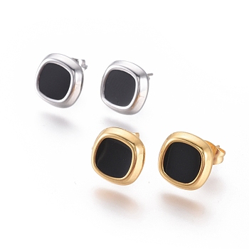 304 Stainless Steel Stud Earrings, with Enamel and Ear Nuts, Rhombus, Black, Mixed Color, 10.5x10.5x2.5mm, Pin: 0.6mm, 6pairs/card