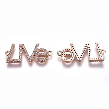 Brass Micro Pave Cubic Zirconia Links connectors, Word LOVE, Clear, Rose Gold, 11x25x2.2mm, Hole: 1mm