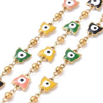 Ion Plating(IP) Enamel Butterfly with Evil Eye Link Chains, with Gold Plated 304 Stainless Steel Findings, Unwelded, with Spool, Colorful, 10x8.5x2mm, 8.5x4x3.5mm
