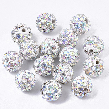Pave Disco Ball Beads, Polymer Clay Pave Rhinestone Beads, Round, Half Drilled, Crystal AB, PP15(2.1~2.2mm), 4 Rows Rhinestone, 6.5mm, Half Hole: 1mm