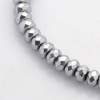Electroplate Non-magnetic Synthetic Hematite Beads Strands, Faceted Rondelle, Platinum Plated, 4x3mm, Hole: 1mm, about 141pcs/strand, 15.7 inch