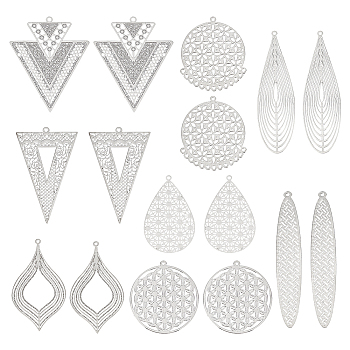 32Pcs 8 Styles Brass Filigree Pendants, Long-Lasting Plated, Mixed Shapes, Platinum, 32~61x11~32.5x0.3~0.4mm, Hole: 1~1.6mm, 4pcs/style