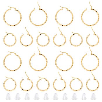 201 Stainless Steel Hoop Earrings, with 304 Stainless Steel Pins and Plastic Ear Nuts, Twisted Ring Shape, Golden, 34.5x2.5mm & 25x2.5mm, Pin: 1x0.7mm, 20pairs/box