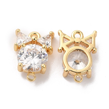 Brass Clear Glass Connector Charms, Flat Round with Bowknot, Real 18K Gold Plated, 14.5x10x5mm, Hole: 1.4mm