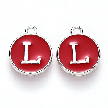 Platinum Plated Alloy Enamel Charms, Cadmium Free & Lead Free, Enamelled Sequins, Flat Round with Letter, Red, Letter.L, 14x12x2mm, Hole: 1.5mm