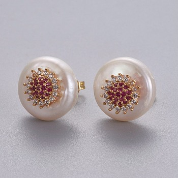 Natural Pearl Stud Earrings, with Brass Micro Pave Cubic Zirconia Findings, Flat Round with Flower, Long-Lasting Plated, with Ear Nuts, Golden, Deep Pink, 14~14.5mm, Pin: 0.8mm