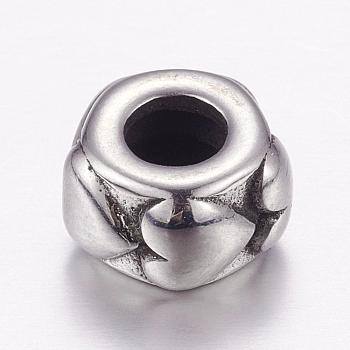 304 Stainless Steel European Beads, Large Hole Beads, Column with Heart, Antique Silver, 10x6mm, Hole: 5mm