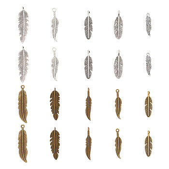 90pcs 15 style Tibetan Style Alloy Pendants, Feather Charm, Cadmium Free & Lead Free, Mixed Color, 17~45.5x5~11.5x1.5~5mm, Hole: 1.4~2mm, 6pcs/style