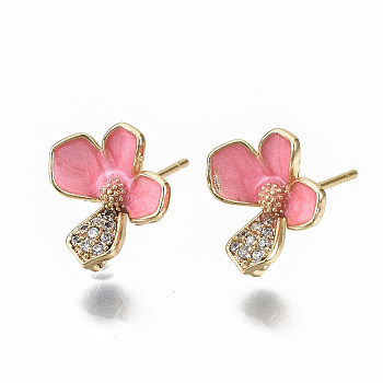 Brass Enamel Micro Clear Cubic Zirconia Stud Earring Findings, with Loop, Nickel Free, Pink Flower, Real 18K Gold Plated, 12x11mm, Hole: 1.6mm, Pin: 0.7mm