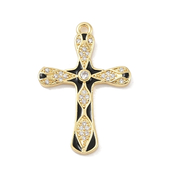 Rack Plating Brass Micro Pave Cubic Zirconia Pendants, with Enamel, Long-Lasting Plated, Lead Free & Cadmium Free, Real 18K Gold Plated, Cross, Black, 31x21x3mm, Hole: 1.6mm