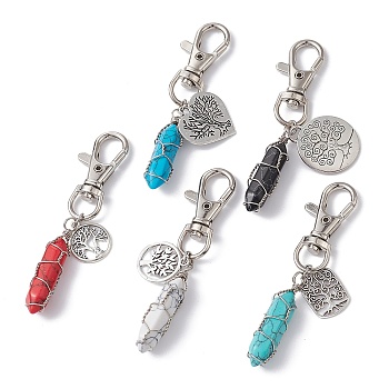 Copper Wire Wrapped Synthetic Turquoise Bullet Pendant Decorations, with Tree of Life Alloy Pendant and Swivel Lobster Claw Clasps, Mixed Color, 77~81mm