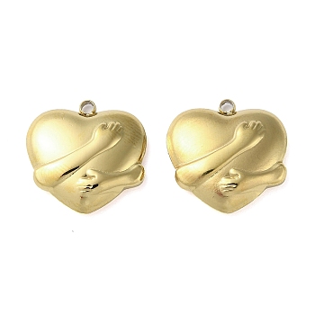 304 Stainless Steel Pendants, Heart with Hug Hand Charm, Real 18K Gold Plated, 16.5x16.5x3.8mm, Hole: 1.6mm