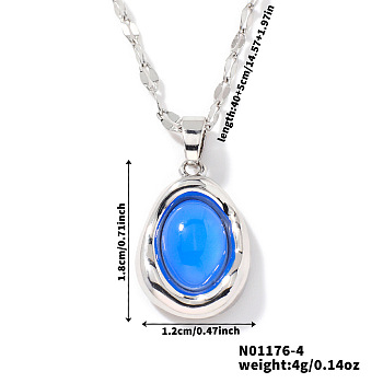 Elegant Oval Brass Pendant Necklaces, with Dapped Chain for Women, Blue, 15.75 inch(40cm)