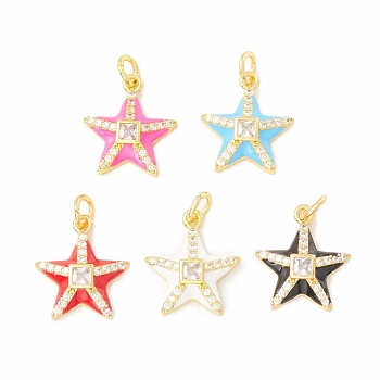 Rack Plating Brass Micro Pave Cubic Zirconia Pendants, with Enamel, Long-Lasting Plated, Real 18K Gold Plated, Cadmium Free & Lead Free, Starfish, Mixed Color, 18x16x4.5mm, Jump Ring: 6x1mm, 4mm Inner Diameter