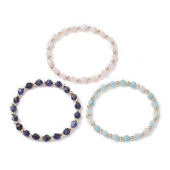 6mm Round Faceted Natural Mixed Gemstone & Brass Beaded Stretch Bracelets for Women Men, Inner Diameter: 2-1/4 inch(5.7cm)