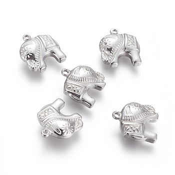 304 Stainless Steel Charms, Elephant, Stainless Steel Color, 13.2x14.2x4.2mm, Hole: 1.2mm