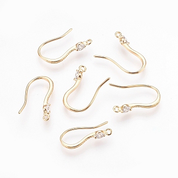 Brass Cubic Zirconia Earring Hooks, with Horizontal Loop, Nickel Free, Real 18K Gold Plated, 16x11x1.5mm, Hole: 1mm, Pin: 0.8mm