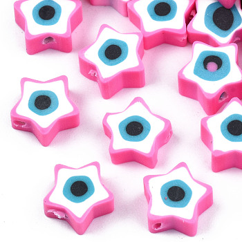 Handmade Polymer Clay Beads, Star with Evil Eye, Hot Pink, 9x9x3.5~4.5mm, Hole: 1.4mm