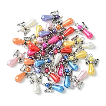 Angel Acrylic Imitation Pearl Pendants, with ABS Plastic Imitation Pearl and Tibetan Style Alloy Wing Beads, Mixed Color, 28x18x10mm, Hole: 2~2.5mm, 8 colors, 4pcs/color, 32pcs/set