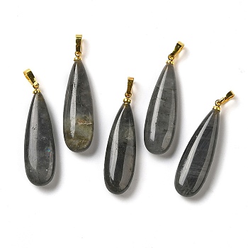 Natural Labradorite Pendants, Teardrop Charms with Rack Plating Golden Tone Brass Snap on Bails, 34~34.5x10~10.5x6~6.5mm, Hole: 6.5x3mm