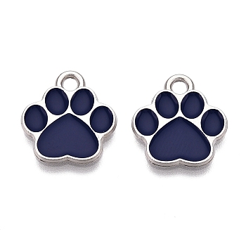 Alloy Enamel Pendants, Platinum, Lead Free & Cadmium Free, Paw Print Charm, Midnight Blue, 15.5x14x1mm, Hole: 2mm