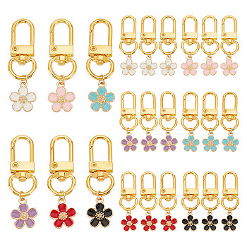 24Pcs 6 Colors Alloy Enamel Pendant Decorations, with Alloy Swivel Clasps, Flower, Mixed Color, 48mm, Pendant: 18mm, 4pcs/color