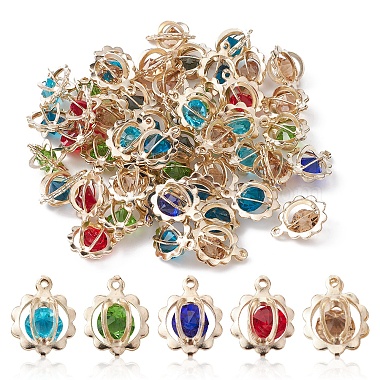 Light Gold Mixed Color Round Iron+Rhinestone Charms