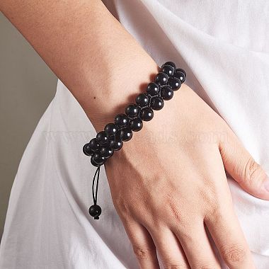 Collier pendentif balle en obsidienne naturelle et bracelet de perles rondes tressées(AJEW-SZ00002-29)-4