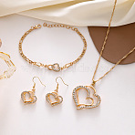 Heart Alloy Crystal Rhinestone Pendant Necklace & Dangle Earring & Link Bracelet Sets, Golden, 400mm(FS-WGED074-01)