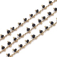 Brass Handmade Glass Beaded Chains, with Spool, Soldered, Long-Lasting Plated, Real 18K Gold Plated, Rondelle, Black, Links: 2x2x0.8mm, Charm: 5.5x3mm, about 16.4 Feet(5m)/roll(CHC-F012-01A)