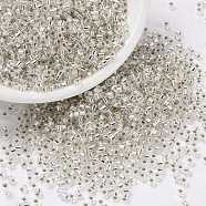 Cylinder Seed Beads, Silver Lined, Round Hole, Uniform Size, Silver, 2x1.5mm, Hole: 0.8mm, about 40000pcs/bag, about 450g/bag(SEED-H001-G09)