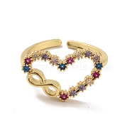 Colorful Cubic Zirconia Heart with Infinity Open Cuff Ring, Brass Jewelry for Women, Cadmium Free & Lead Free, Real 18K Gold Plated, US Size 5 3/4(16.3mm)(RJEW-B042-01)