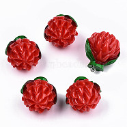 Opaque Resin Pendants, with Platinum Tone Iron Peg Bail, Flower, Red, 32x26x24mm, Hole: 2mm(RESI-S356-058)