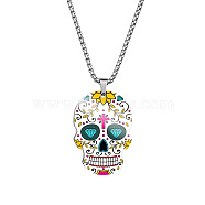 Stainless Steel Skull with Flower Pendant Necklaces, Halloween Jewelry for Women, Dark Turquoise, 23.62 inch(60cm)(SKUL-PW0001-138G)