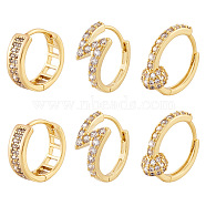 PandaHall Jewelry 3 Pairs 3 Style Round & Lightning Bolt & Square Cubic Zirconia Huggie Hoop Earrings, Brass Earring for Girl Women, Golden, 12~15x12.5~15x4~6mm, Pin: 0.6~0.8mm, 1pair/style(EJEW-PJ0001-03)