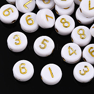 Plating Acrylic Beads, Golden Metal Enlaced, Flat Round with Number, White, White, 7x4mm, Hole: 1.2mm, about 3400pcs/500g.(PACR-R243-02)
