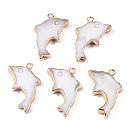 Natural Freshwater Shell Pendants, with Iron Loops, Brass Edge Golden Plated, Dolphin, Rosy Brown, Golden, 25x14x3mm, Hole: 1.8mm(X-SHEL-N026-134)