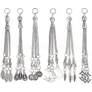 12Pcs 6 Style Tibetan Style Alloy Curb Chain Tassel Big Pendants, Feather & Flat Round & Teardrop & Moon and Star, Antique Silver & Platinum, 78~84x2mm, Hole: 5mm, 2Pcs/style(FIND-CA0006-72)