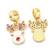 Real 18K Gold Plated Brass Micro Pave Cubic Zirconia Pendents, with Enamel, Lead Free & Cadmium Free, Reindeer, White, 23mm, Pendent: 15x13x2mm, Hole: 5mm(KK-M247-27G)