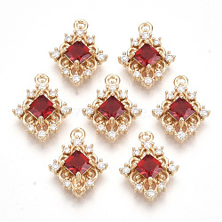 Golden Tone Brass Pendants, with Faceted Glass and Clear Rhinestone, Rhombus, Red, 14.5x11x4mm, Hole: 1.2mm, Diagonal Length: 14.5mm, Side Length: 10mm(X-GLAA-R212-16B)