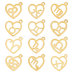 24Pcs 12 Style 304 Stainless Steel Pendants, Laser Cut, Heart with Constellation, Real 18K Gold Plated, 15.5x12.5x0.6mm, Hole: 1.5mm, 2pcs/style(STAS-SC0004-87G)