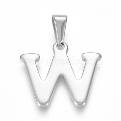 Non-Tarnish 304 Stainless Steel Pendants, Stainless Steel Color, Initial Letter.W, 19x21x1.8mm, Hole: 3x7mm(STAS-F106-95P-W-01)