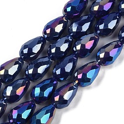 Opaque Solid Color Electroplate Glass Beads Strands, AB Color Plated, Faceted, Teardrop, Midnight Blue, 11.5x8mm, Hole: 1.2mm, about 55~57pcs/strand, 25.59 inch(65cm)(EGLA-N013-P8mm-B03)