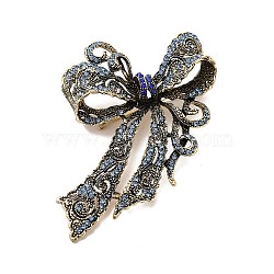 Aquamarine Rhinestone Bowknot Brooch Pin, Alloy Lapel Pin for Women, Antique Golden, 89x83x14mm, Pin: 1mm(JEWB-P014-01AG)